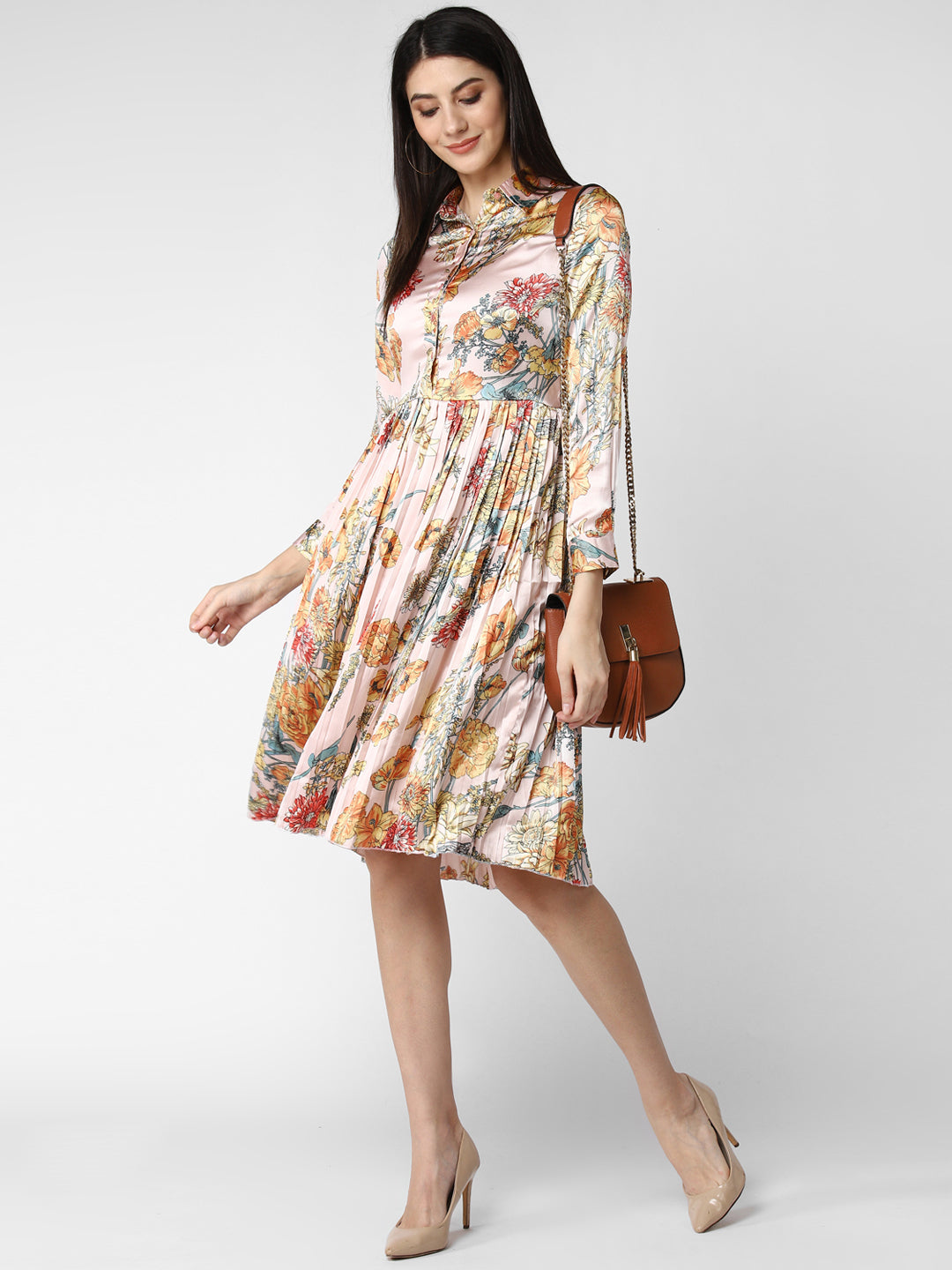 Women's Peach Satin Pleated Dress
