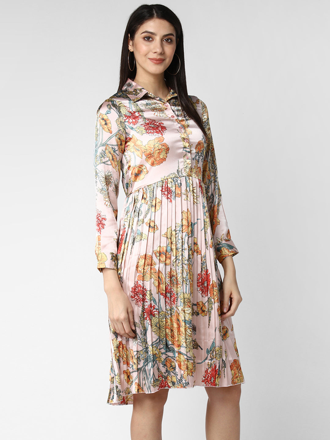 Women's Peach Satin Pleated Dress