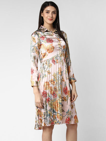 Women's Peach Satin Pleated Dress