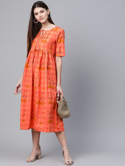 Women's  Peach-Coloured Checked with Conversational Printed A-Line Dress