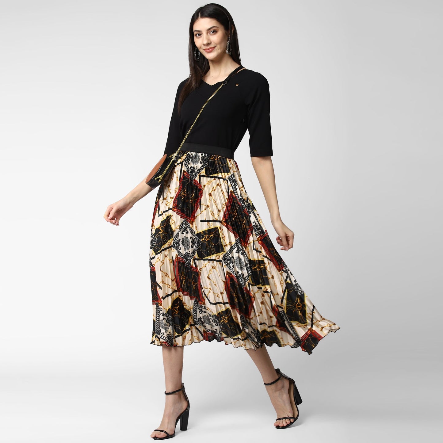 Women's Satin Printed Pleated Skirt