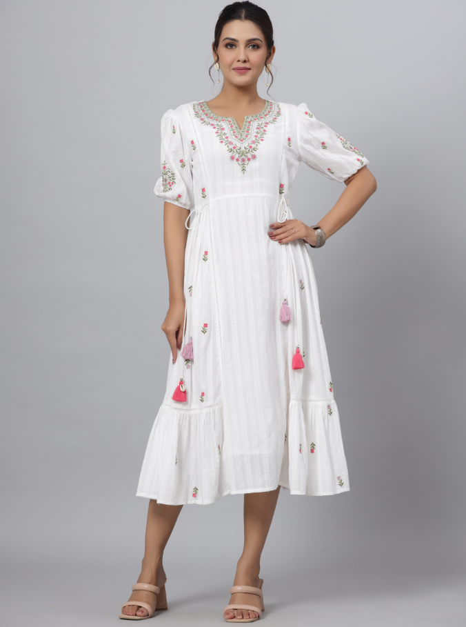 Women's White Cotton Dobby Embroidered Flared Maxi Dress.