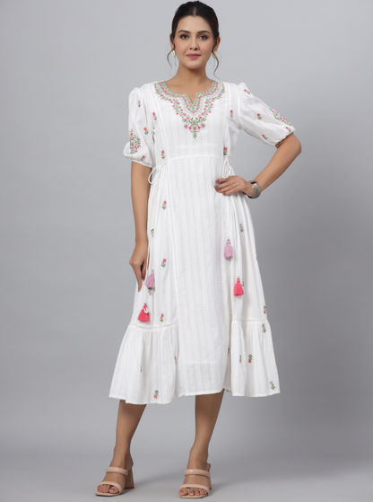 Women's White Cotton Dobby Embroidered Flared Maxi Dress.