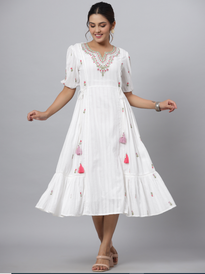 Women's White Cotton Dobby Embroidered Flared Maxi Dress.