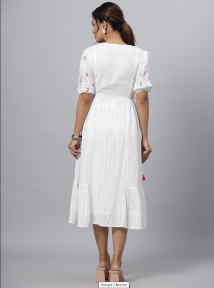 Women's White Cotton Dobby Embroidered Flared Maxi Dress.