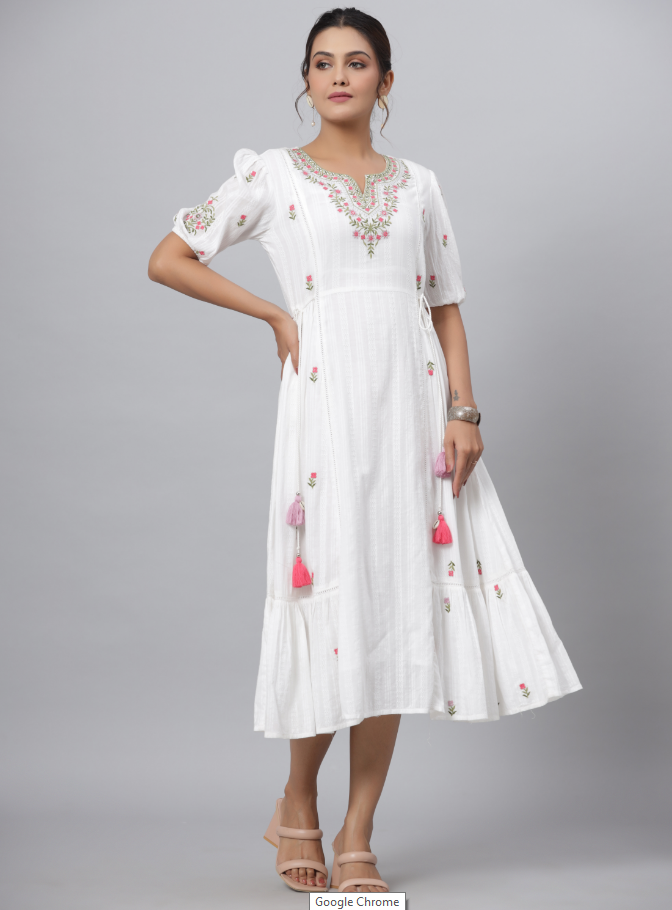 Women's White Cotton Dobby Embroidered Flared Maxi Dress.