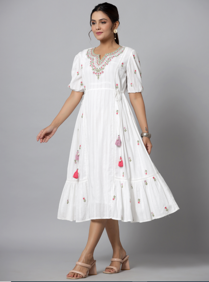 Women's White Cotton Dobby Embroidered Flared Maxi Dress.