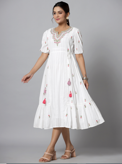 Women's White Cotton Dobby Embroidered Flared Maxi Dress.