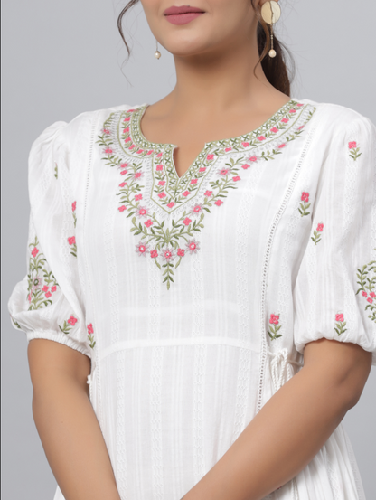 Women's White Cotton Dobby Embroidered Flared Maxi Dress.
