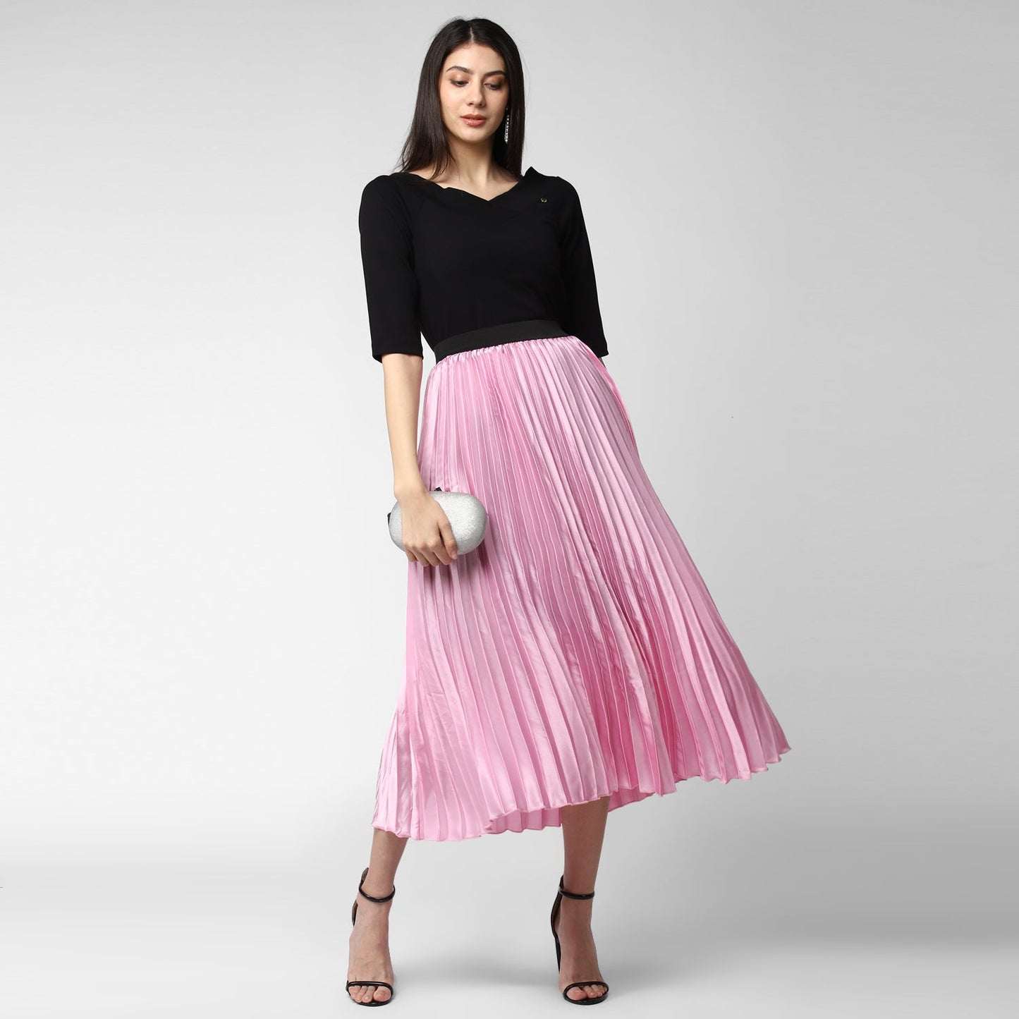 Women's Pink Satin Pleated Skirt