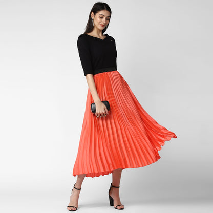 Women's Coral Satin Pleated Skirt
