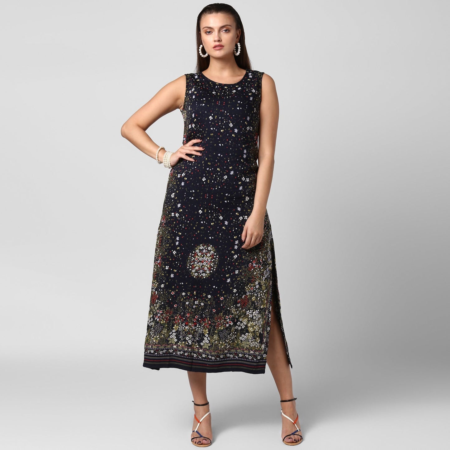 Women's Black Rayon Printed Maxi Dress