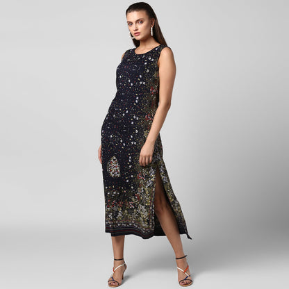 Women's Black Rayon Printed Maxi Dress