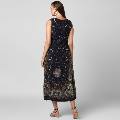 Women's Black Rayon Printed Maxi Dress