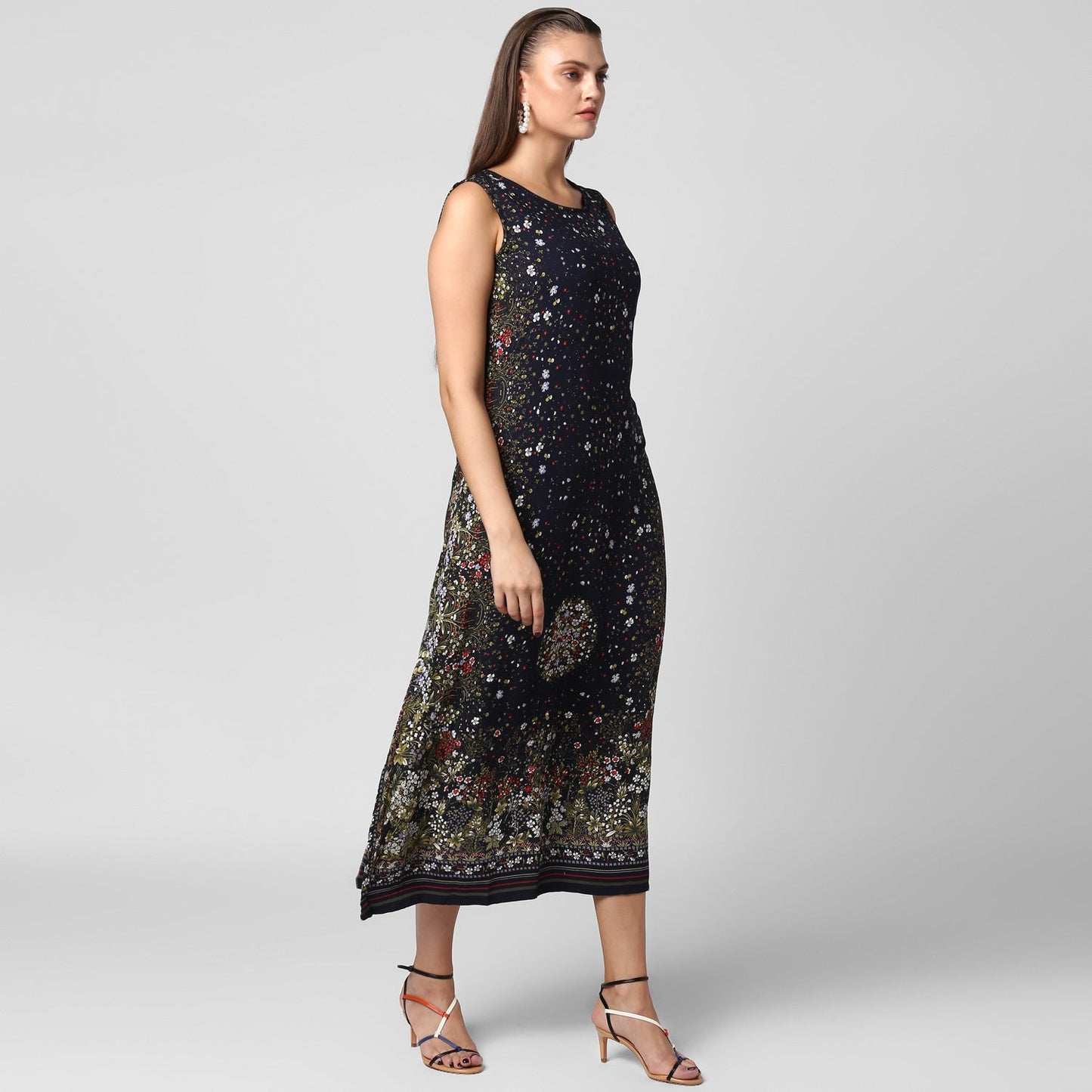 Women's Black Rayon Printed Maxi Dress