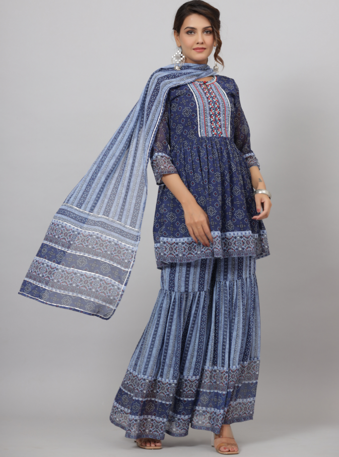 Women's Yellow Georgette Geometric Printed Kurta Sharara & Dupatta Set.