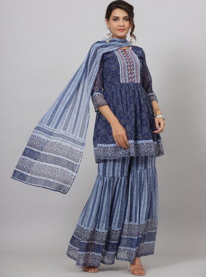 Women's Yellow Georgette Geometric Printed Kurta Sharara & Dupatta Set.
