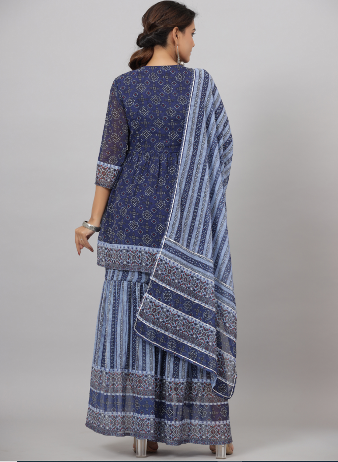 Women's Yellow Georgette Geometric Printed Kurta Sharara & Dupatta Set.