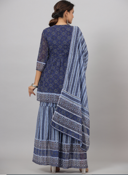 Women's Yellow Georgette Geometric Printed Kurta Sharara & Dupatta Set.