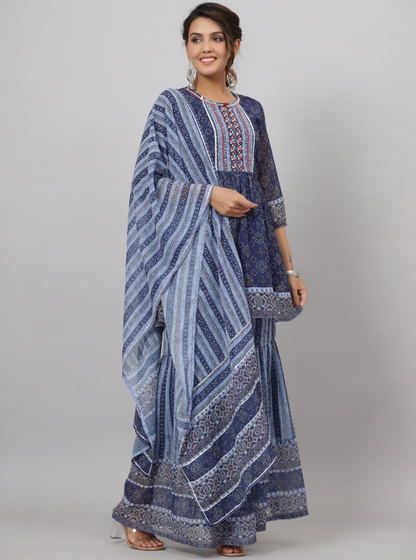 Women's Yellow Georgette Geometric Printed Kurta Sharara & Dupatta Set.