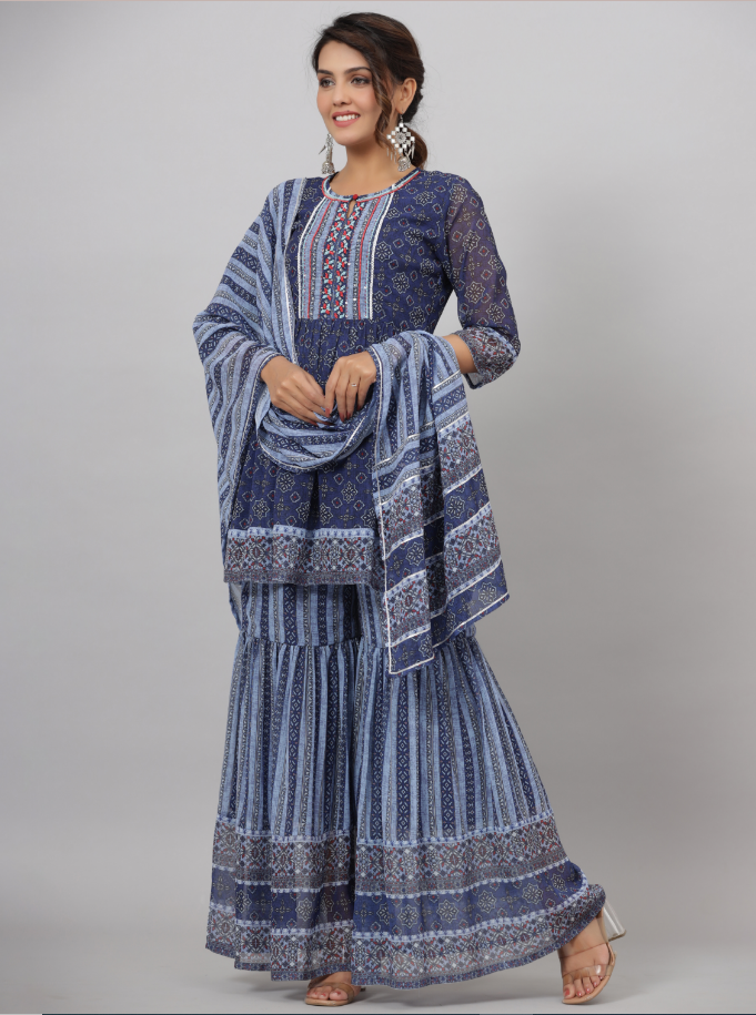Women's Yellow Georgette Geometric Printed Kurta Sharara & Dupatta Set.