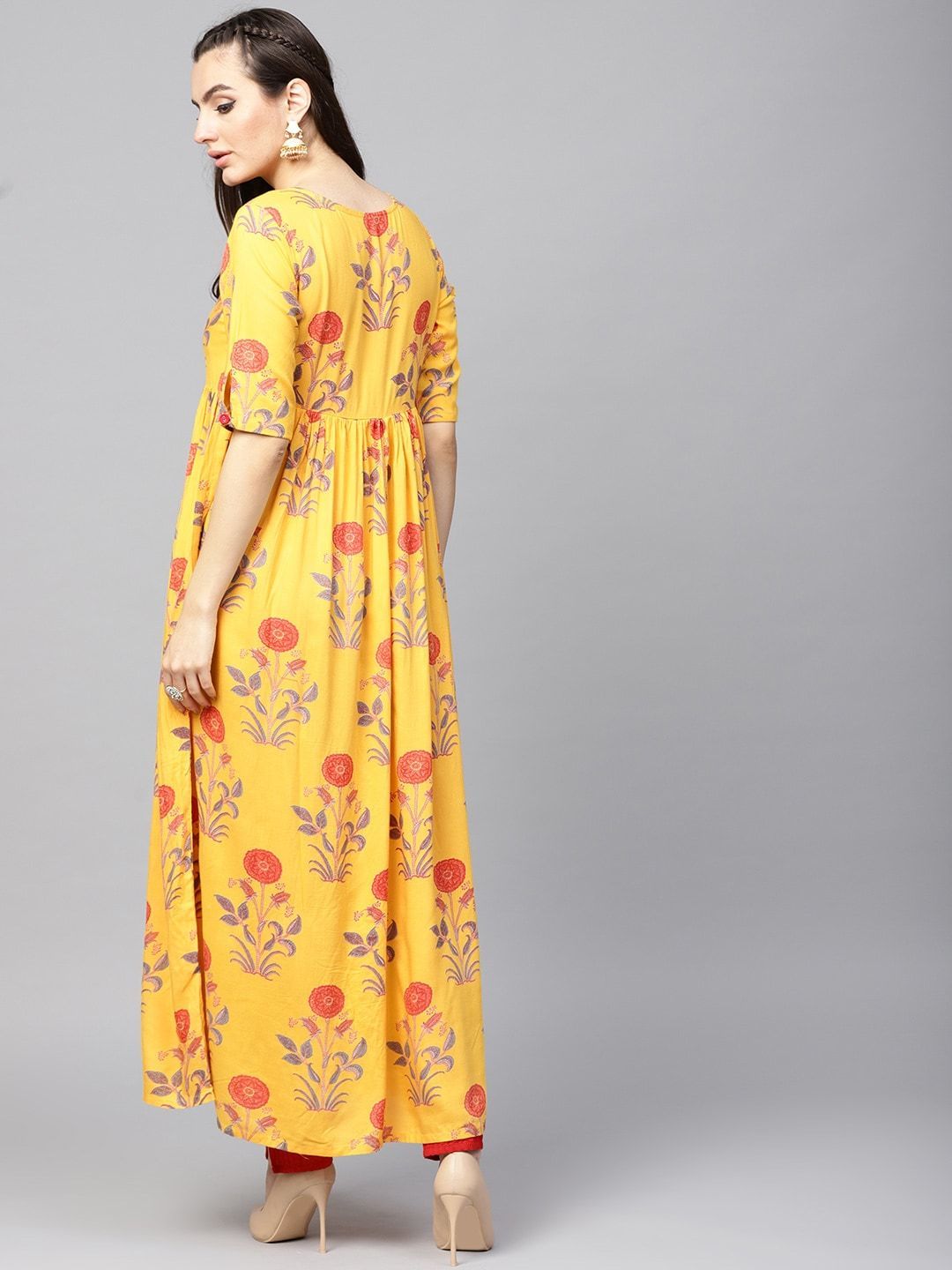 Women's  Mustard Yellow & Rust Orange Printed A-Line Kurta