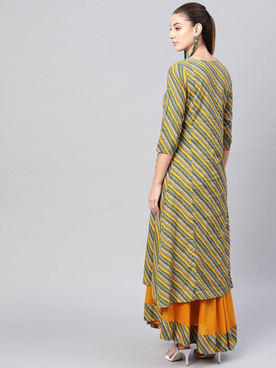 Women's  Green & Mustard Yellow Printed Layered Maxi Dres