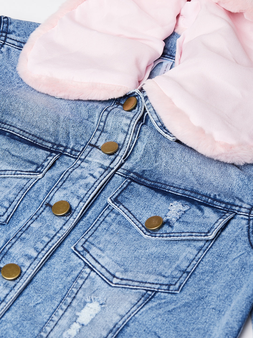 Women's Distressed Denim Jacket with Detachable Pink Fur Collar