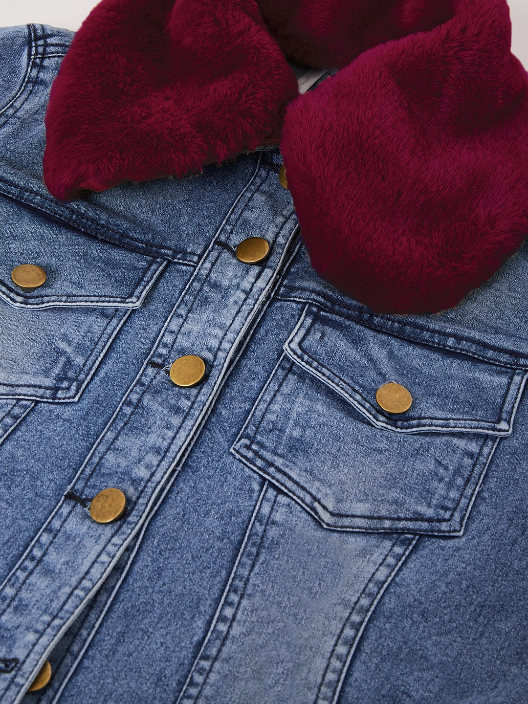 Women's Distressed Denim Jacket with Detachable Maroon Fur Collar