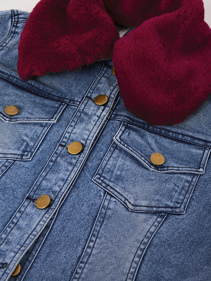 Women's Distressed Denim Jacket with Detachable Maroon Fur Collar