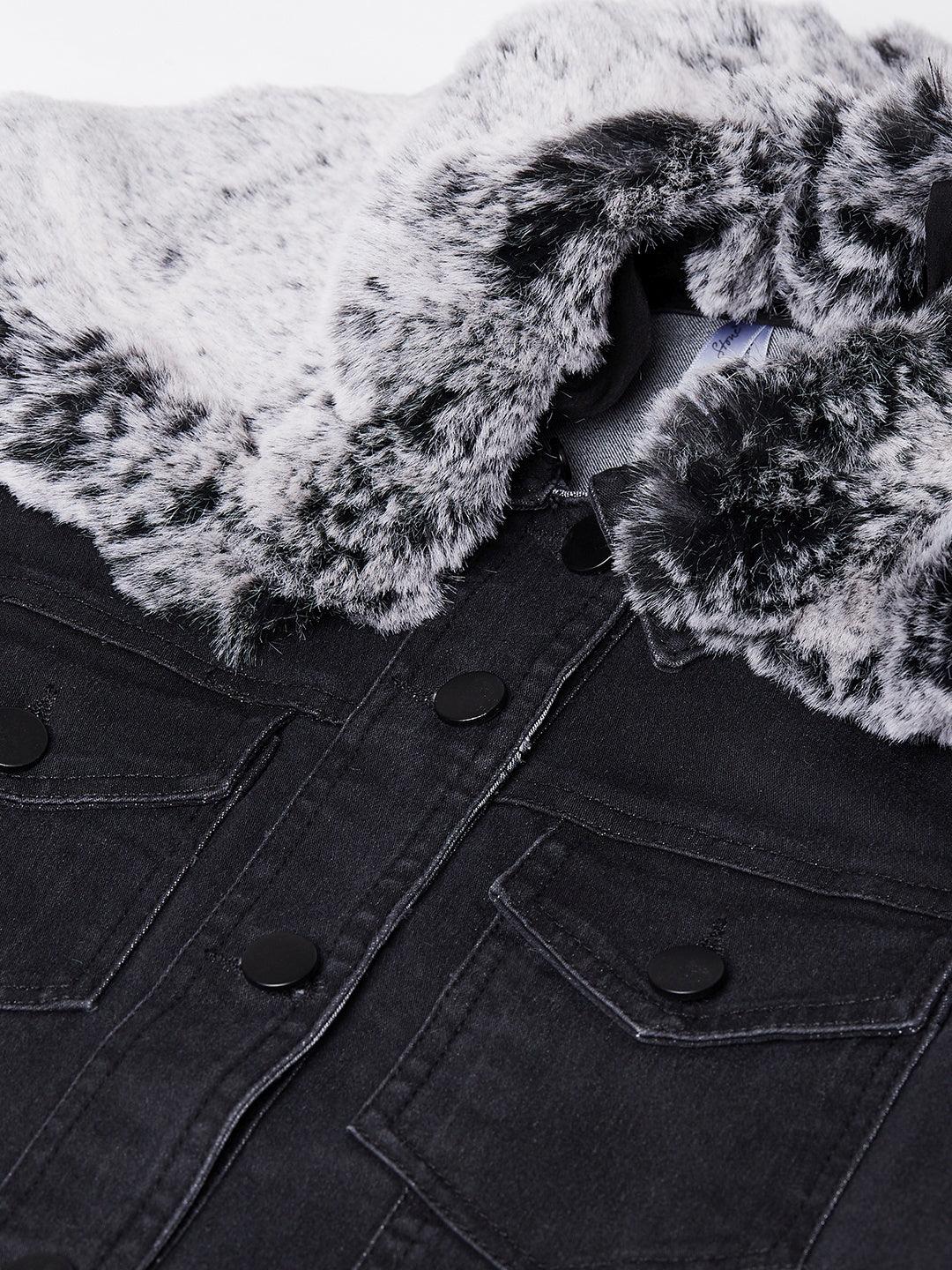 Women's Black Denim Jacket with Detachable Grey Collar