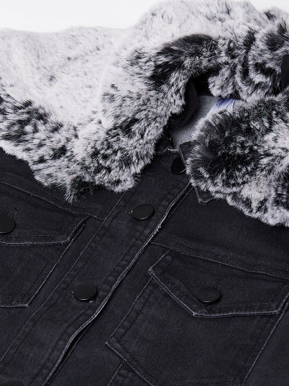 Women's Black Denim Jacket with Detachable Grey Collar