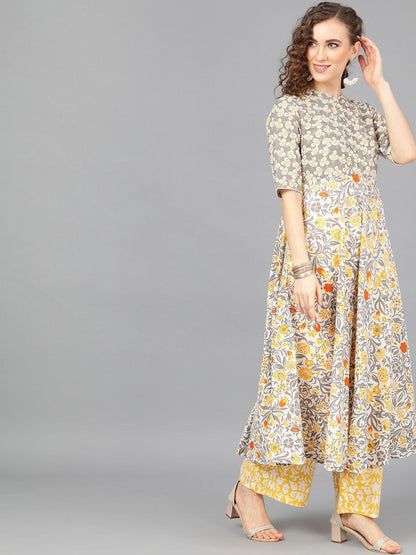 Women's  Grey & Yellow Printed Kurta with Palazzos