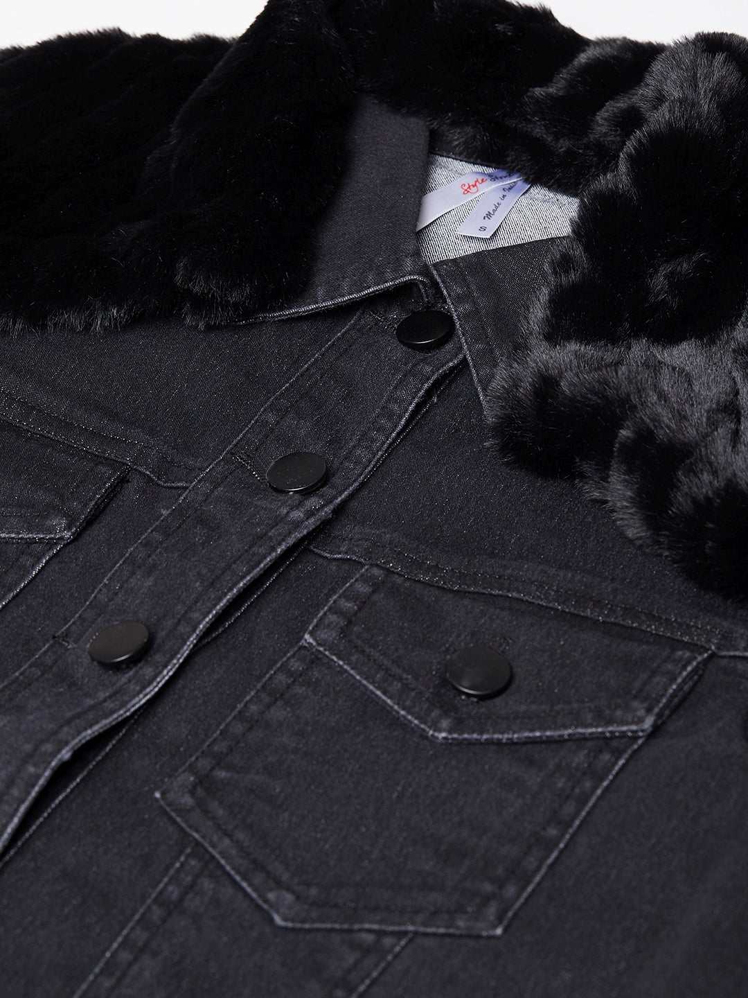 Women's Black Denim Jacket with Detachable Black Fur Collar