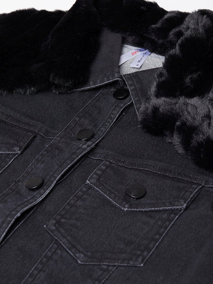 Women's Black Denim Jacket with Detachable Black Fur Collar