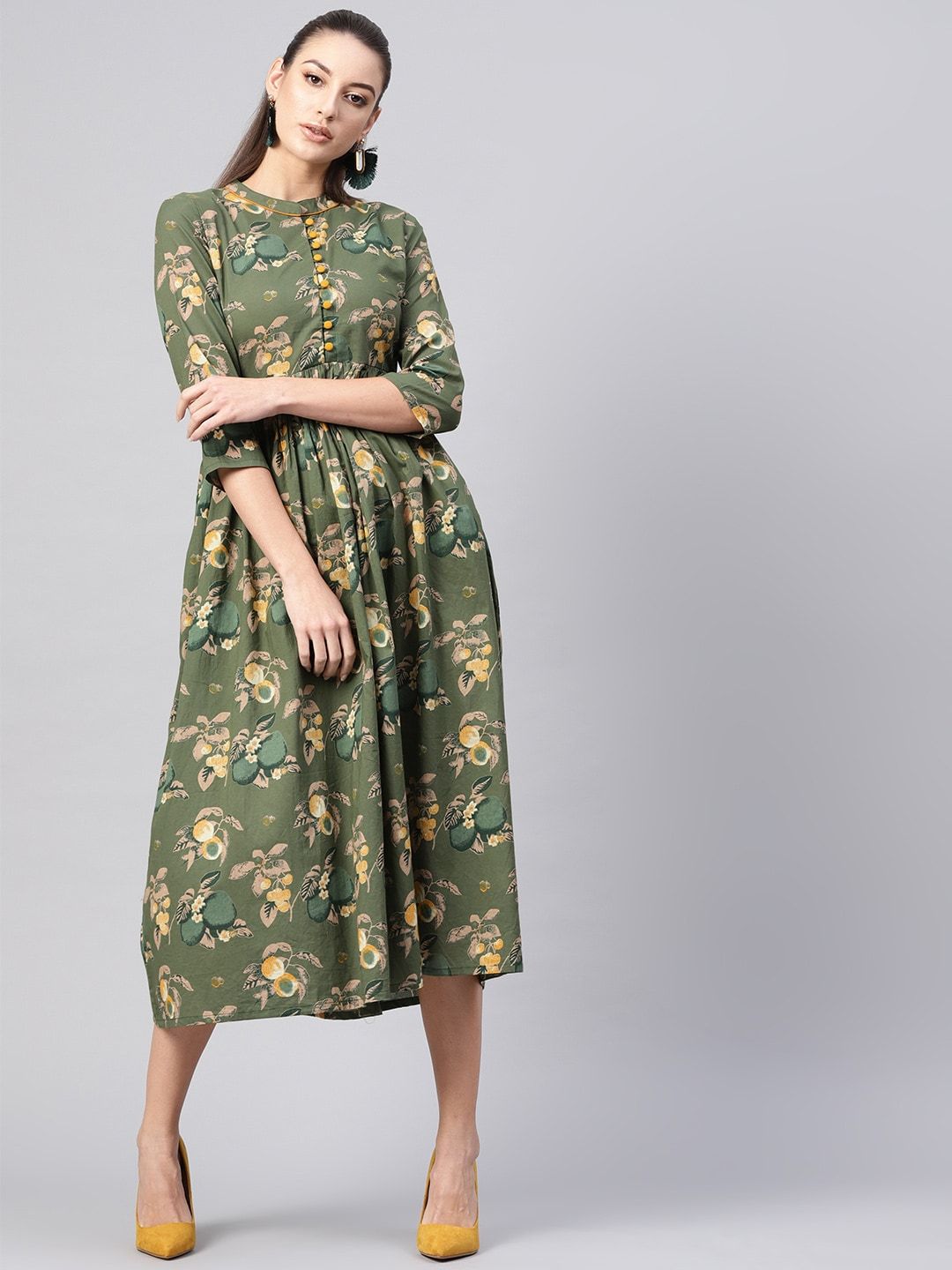 Women's  Olive Green & Beige Floral Printed Midi A-Line Dress
