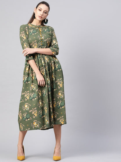 Women's  Olive Green & Beige Floral Printed Midi A-Line Dress