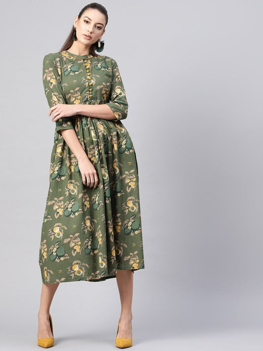 Women's  Olive Green & Beige Floral Printed Midi A-Line Dress