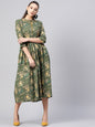 Women's  Olive Green & Beige Floral Printed Midi A-Line Dress