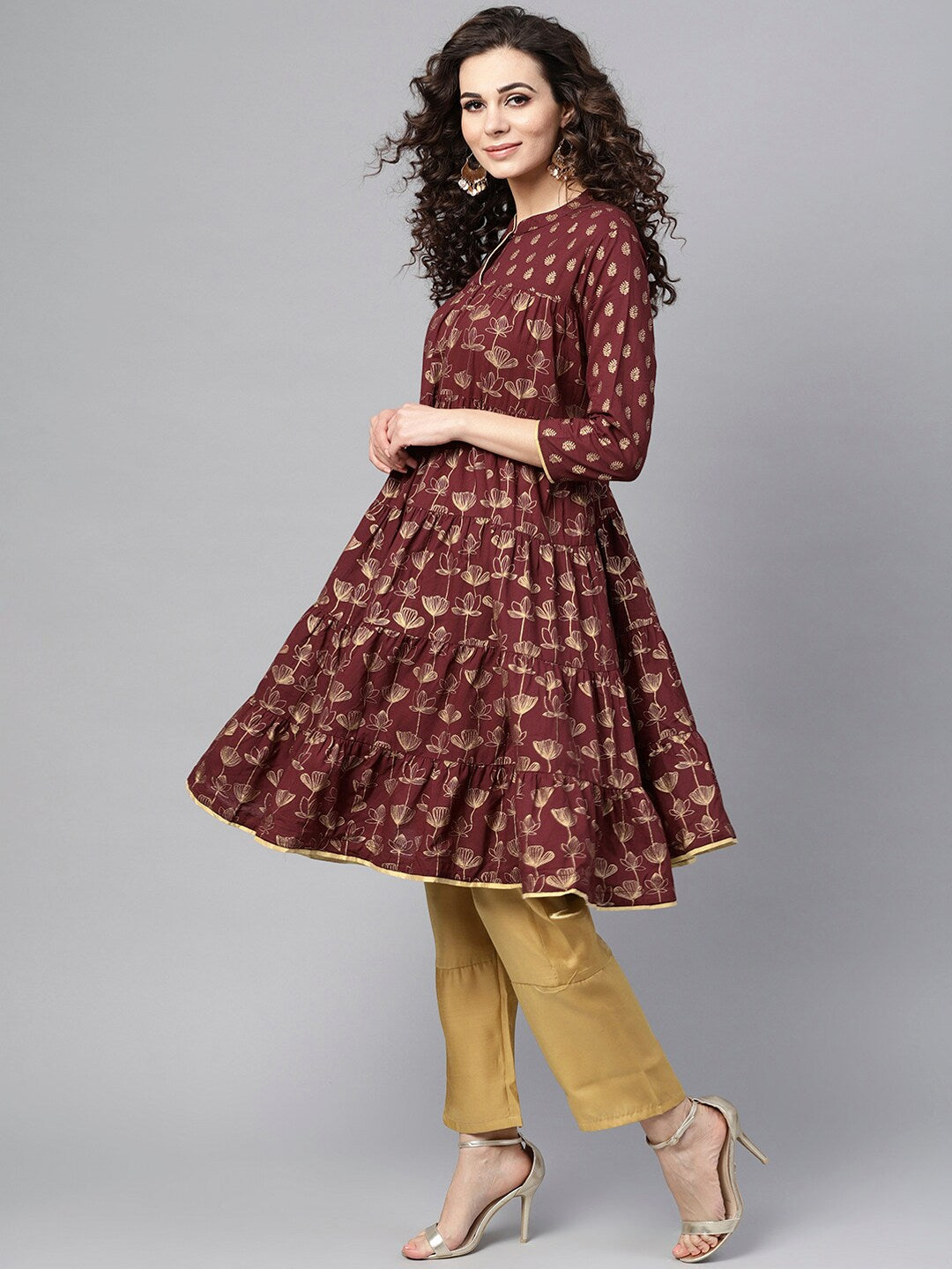 Women's Maroon gold printed gathered kurta