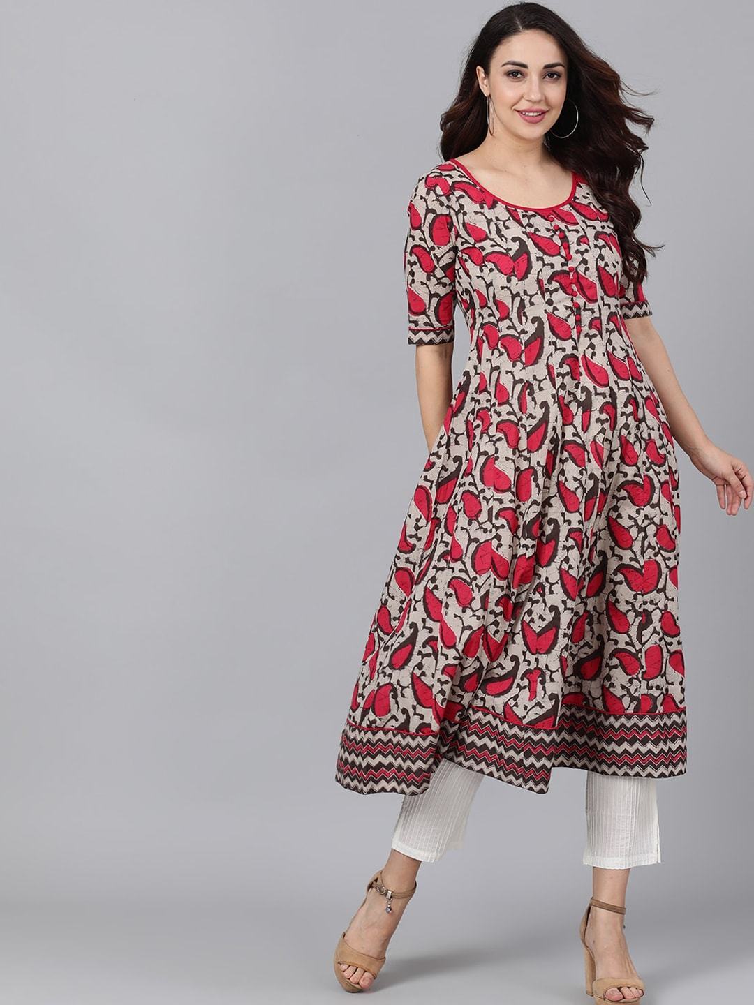 Women's  Brown & Pink Printed Anarkali Kurta