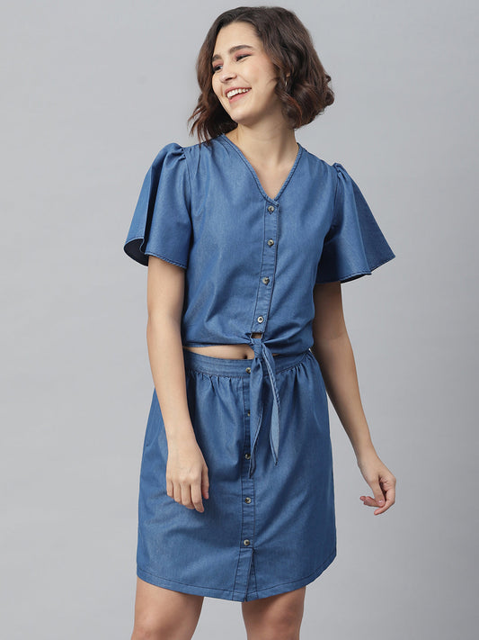 Women's Blue Denim Tie Knot Top and attached Skirt Dress