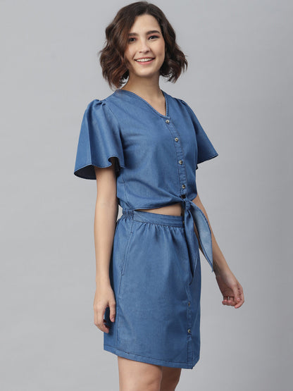 Women's Blue Denim Tie Knot Top and attached Skirt Dress