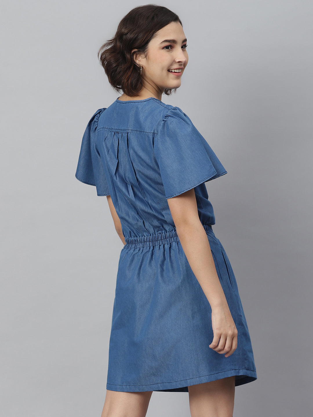 Women's Blue Denim Tie Knot Top and attached Skirt Dress