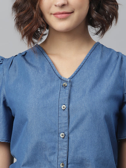 Women's Blue Denim Tie Knot Top and attached Skirt Dress