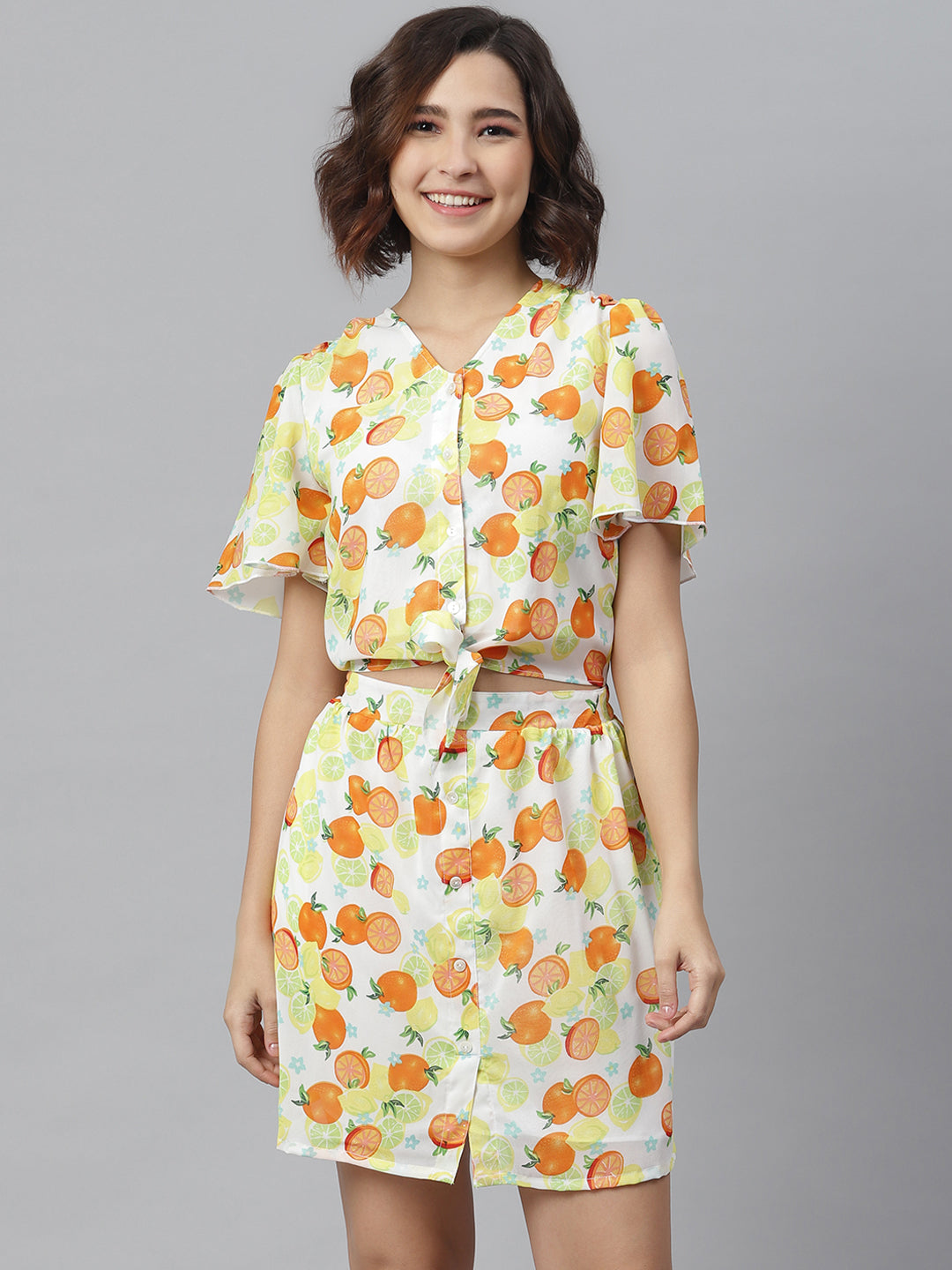 Women's Lemon Orange PrintedTie Knot Top and attached Skirt Dress