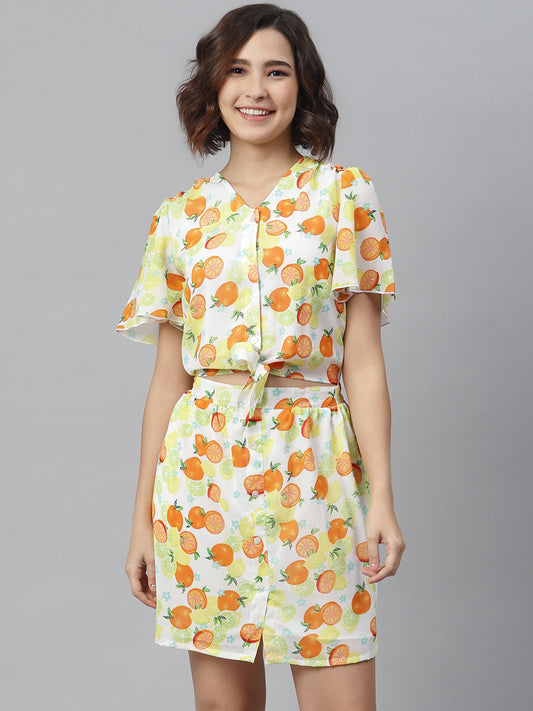 Women's Lemon Orange PrintedTie Knot Top and attached Skirt Dress