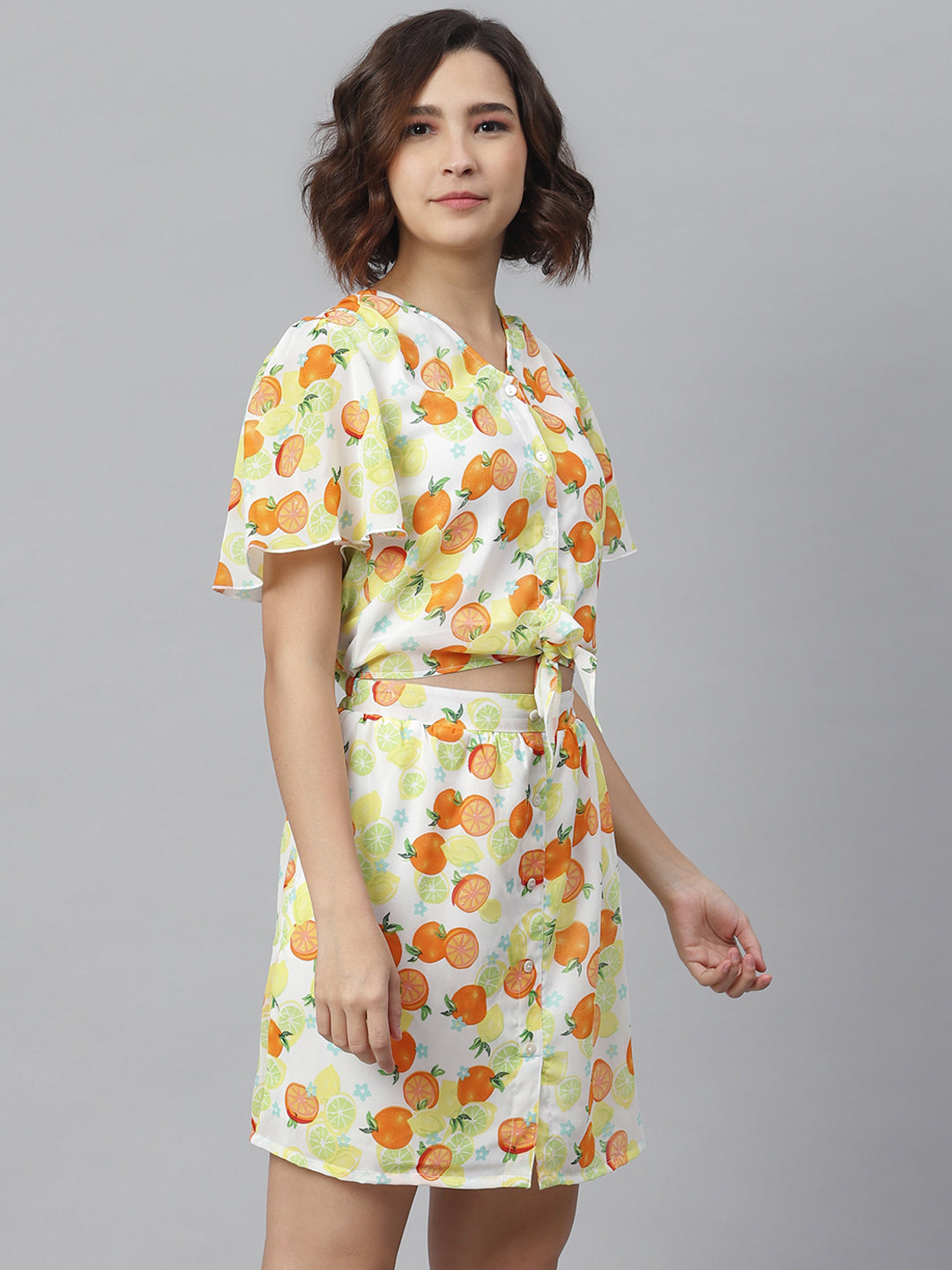 Women's Lemon Orange PrintedTie Knot Top and attached Skirt Dress