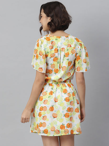 Women's Lemon Orange PrintedTie Knot Top and attached Skirt Dress