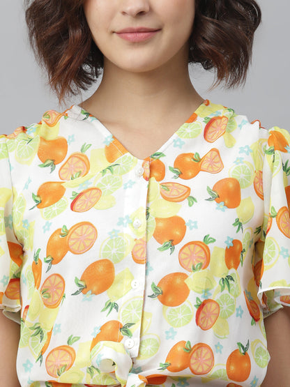 Women's Lemon Orange PrintedTie Knot Top and attached Skirt Dress
